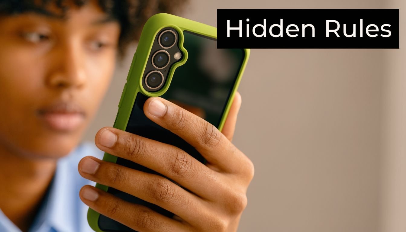 A close-up view of a young person's hand holding a smartphone with a green protective case.