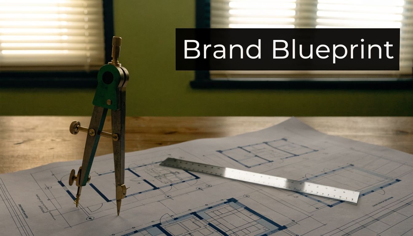 A drafting compass and a metal ruler on architectural blueprints for a professional brand strategy planning session.