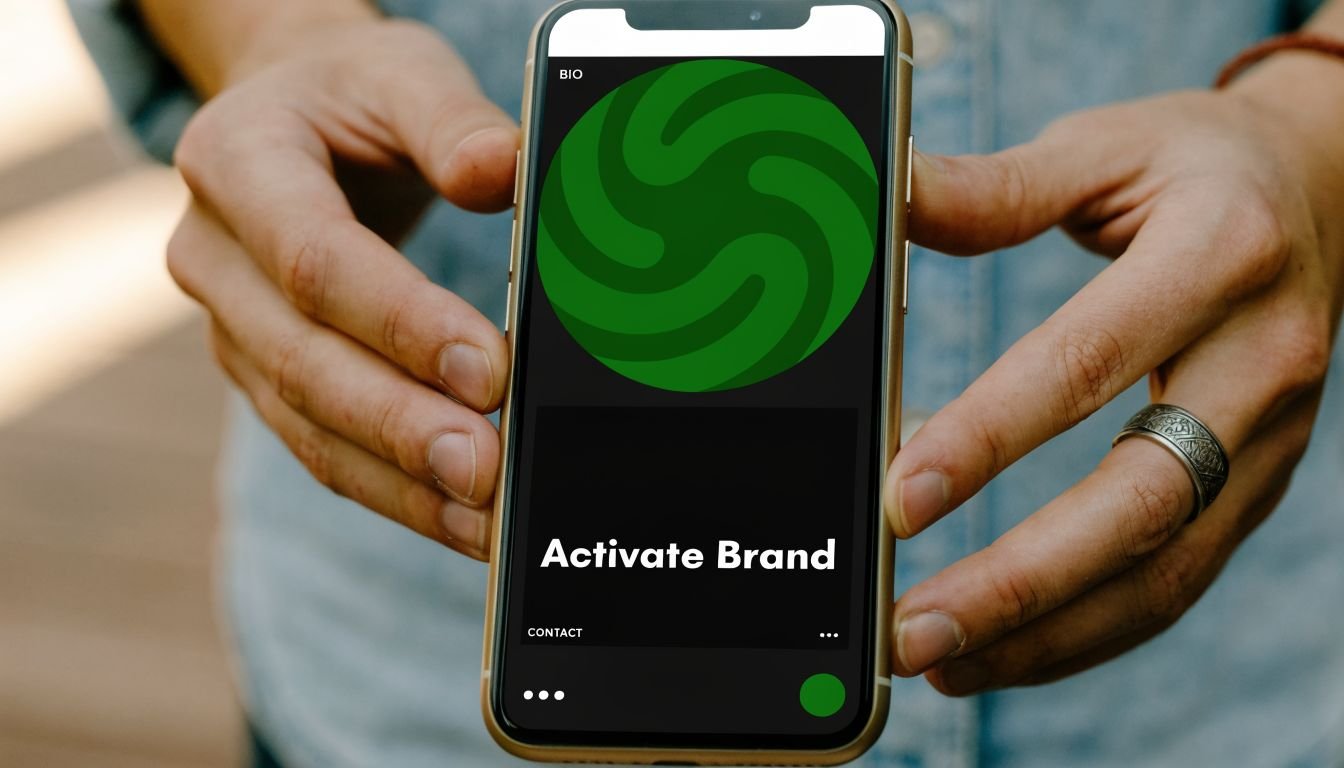 A close-up view of hands holding a smartphone displaying an abstract green logo and brand design template.