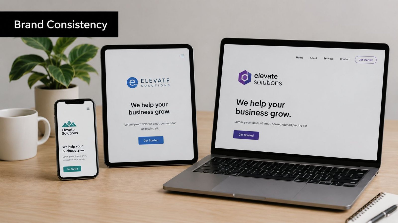 A smartphone, tablet, and laptop displaying inconsistent brand logos and design elements on a wooden desk.