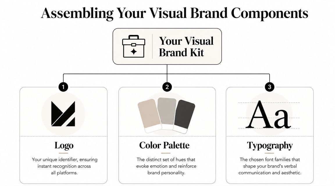 A diagram outlining the three essential components of a visual brand kit: logo, color palette, and typography.