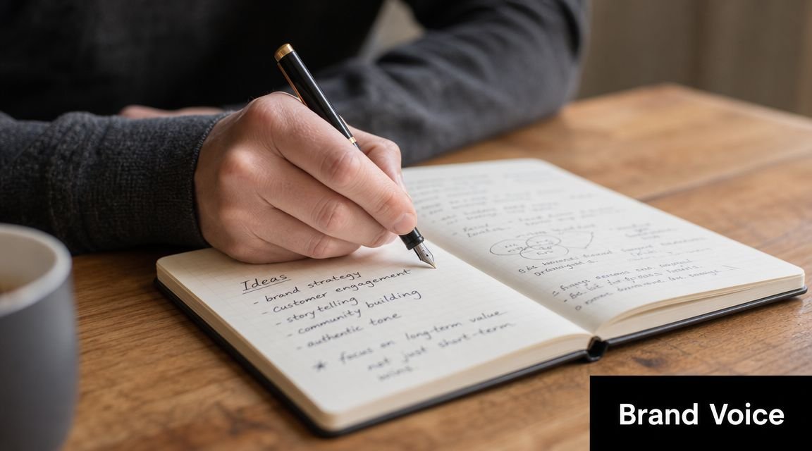 A person writing brand strategy ideas in a notebook with a fountain pen on a wooden table.