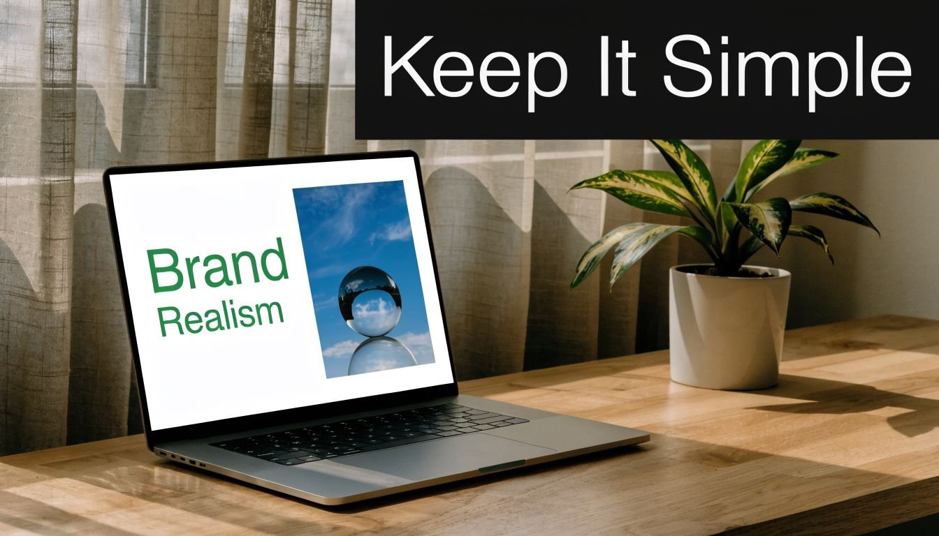 A laptop on a wooden desk displaying a screen with the text Brand Realism near a plant.