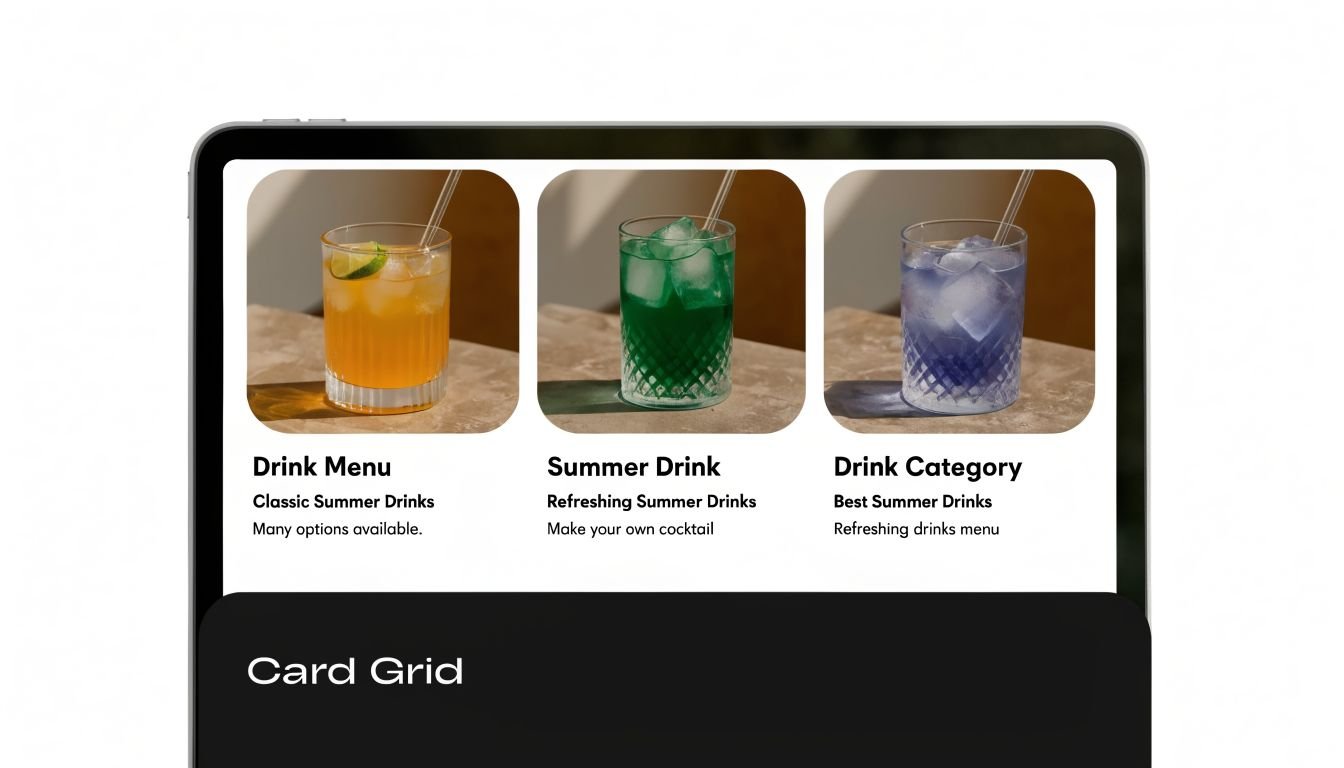 A digital tablet display showcasing a website card grid layout featuring three refreshing summer cocktail drink options.