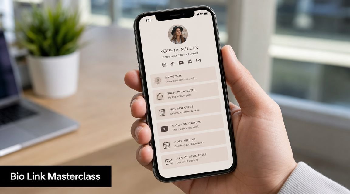 A hand holding a smartphone displaying a professional social media bio link landing page template.