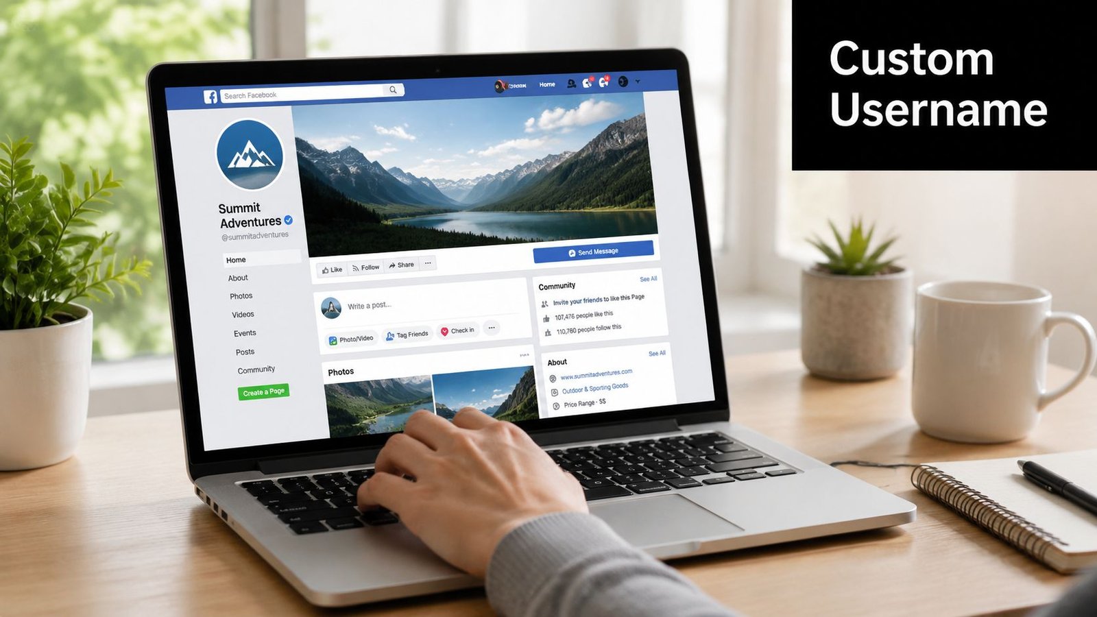 A person using a laptop to view a professional Facebook business page for Summit Adventures.