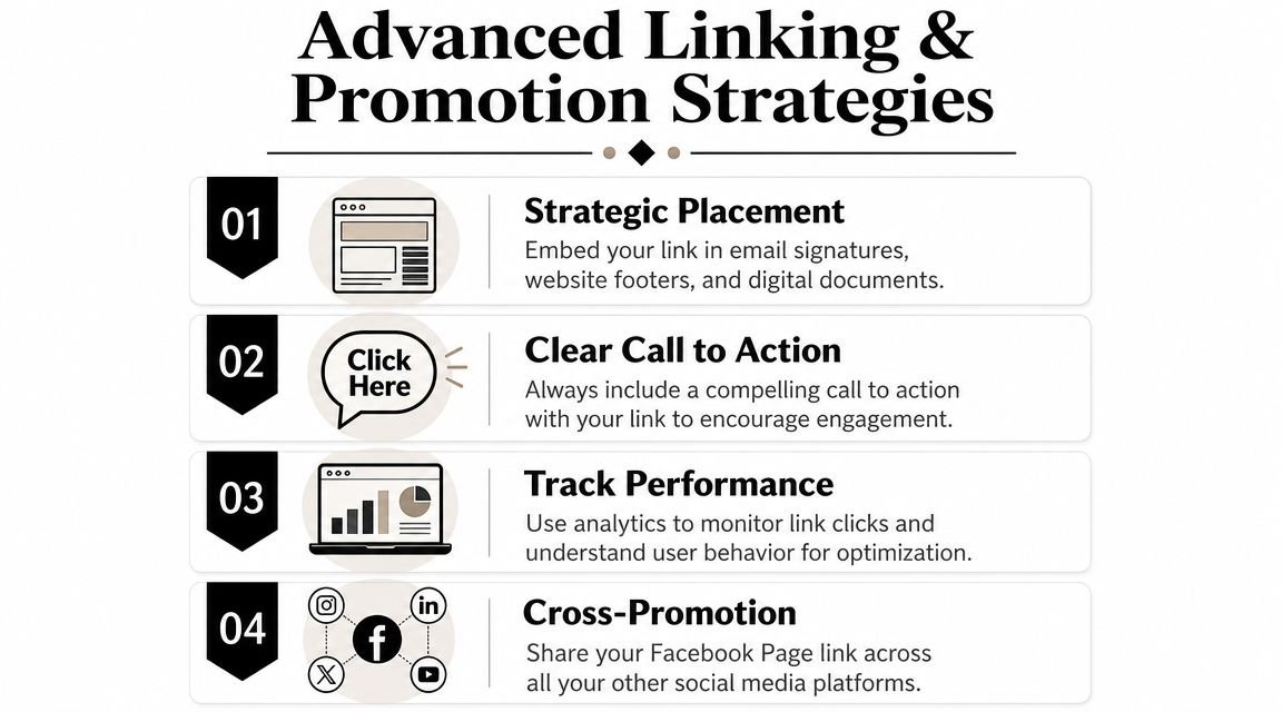 An infographic showing four advanced linking and promotion strategies for marketing a Facebook business page effectively.