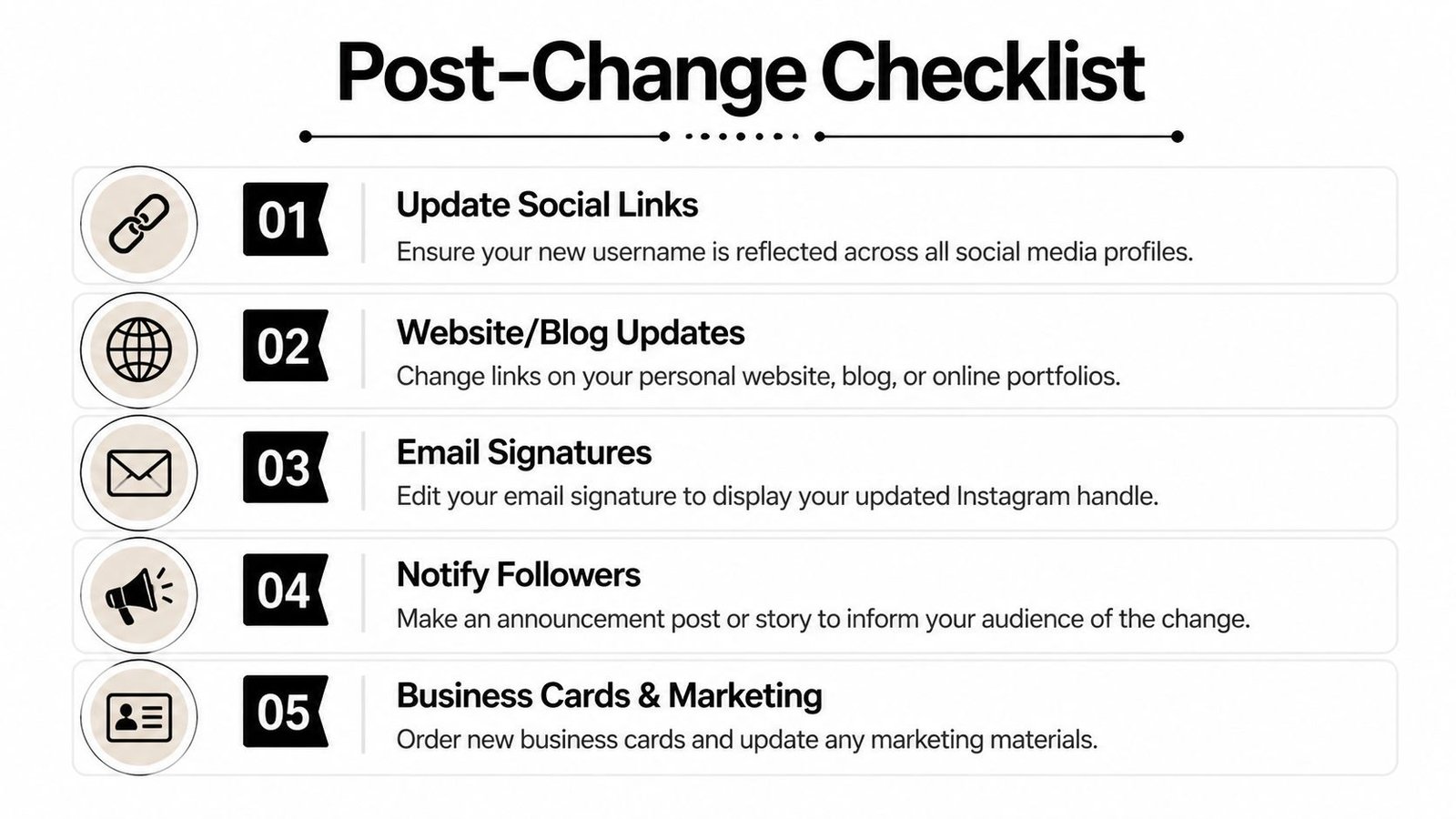 A checklist infographic titled Post-Change Checklist detailing five steps to take after changing your Instagram username.