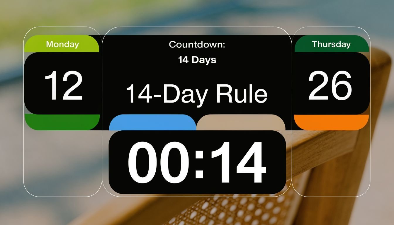 A digital countdown timer interface showing a 14-day rule with dates from Monday the 12th to Thursday the 26th.