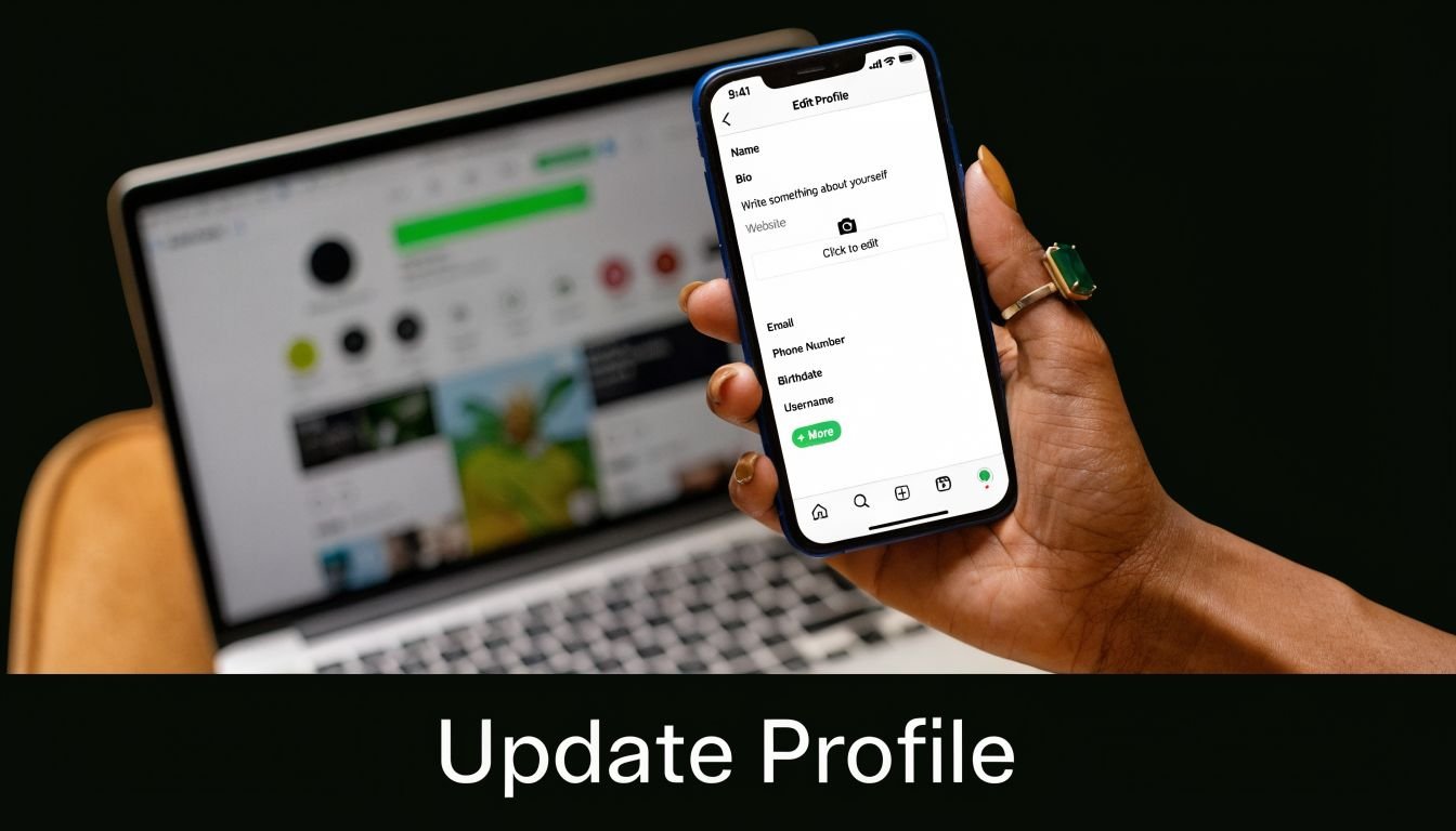 A person holding a smartphone showing an Instagram profile update page with a laptop in the background.