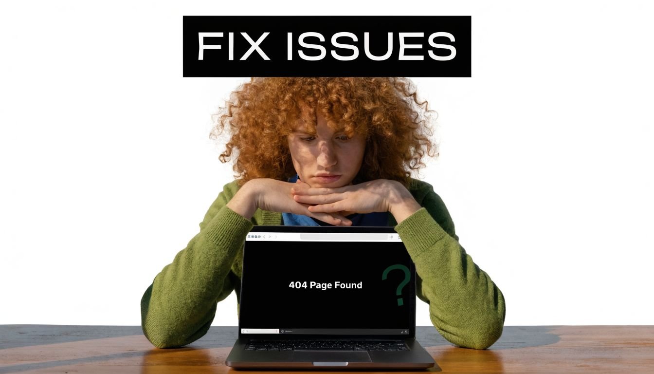 A person looking at a laptop computer displaying a 404 page not found error message.