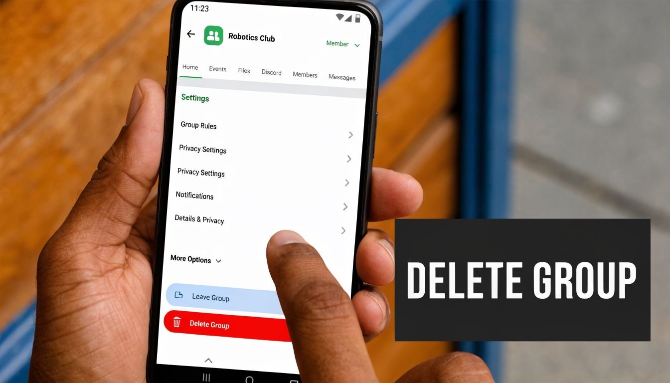 A person holding a smartphone showing the Delete Group option within the app settings menu.