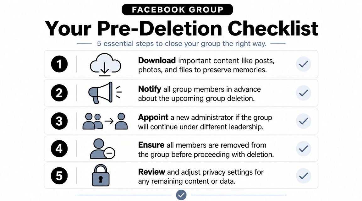 A checklist of five essential steps to follow before deleting your Facebook group to ensure data preservation.