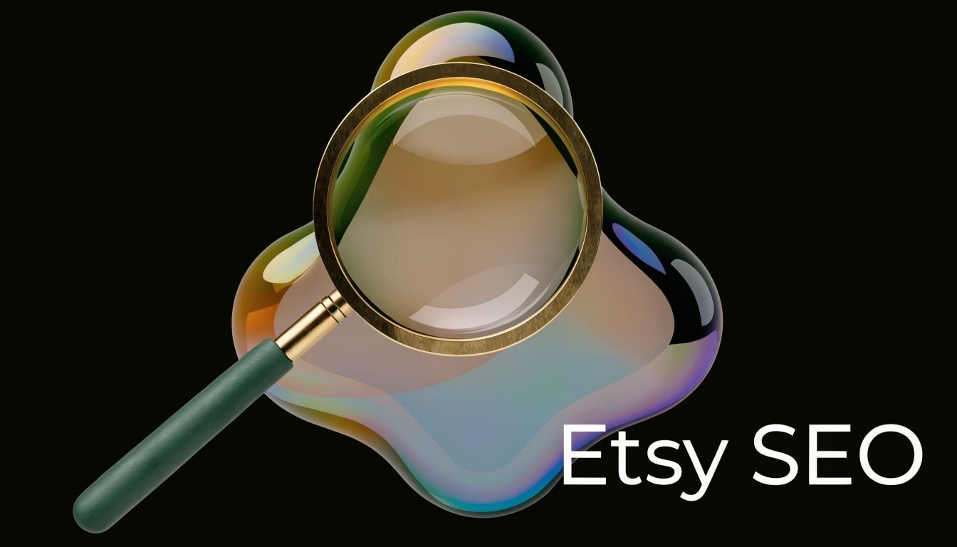 A magnifying glass positioned over an iridescent abstract shape, symbolizing the concept of Etsy search engine optimization.