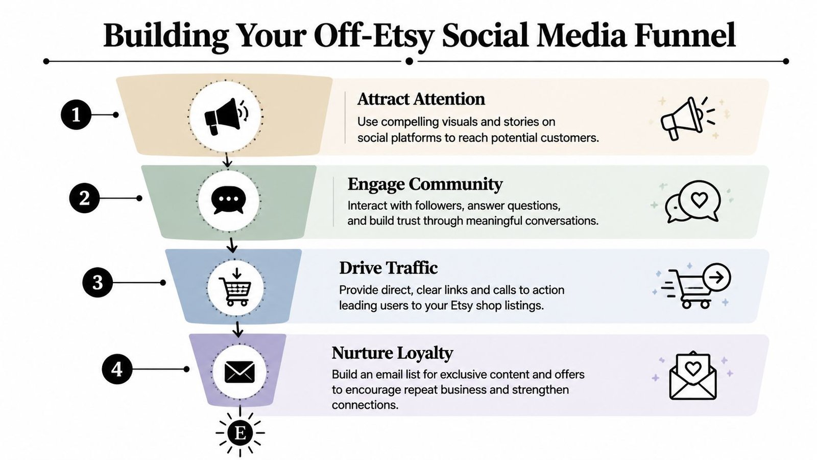 A marketing funnel infographic illustrating four steps to drive social media traffic to an Etsy shop.