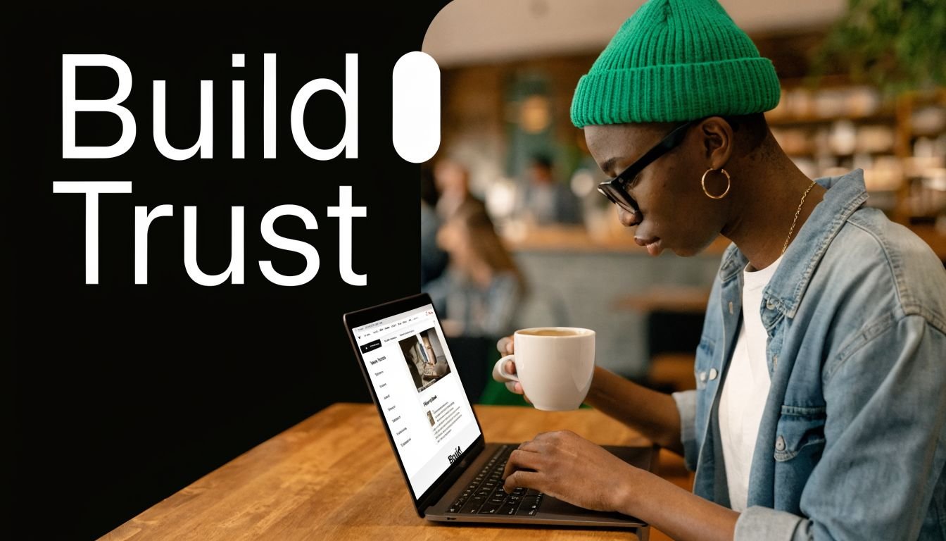 A young woman wearing a green beanie works on her laptop in a cafe while holding coffee.