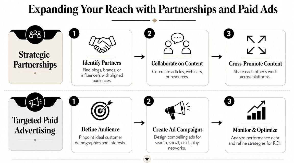 A strategic guide to expanding reach through partnerships and targeted paid advertising methods for growing audiences.