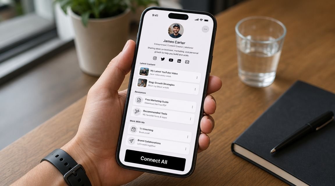A person holding a smartphone displaying a professional bio profile page featuring content links and resources.