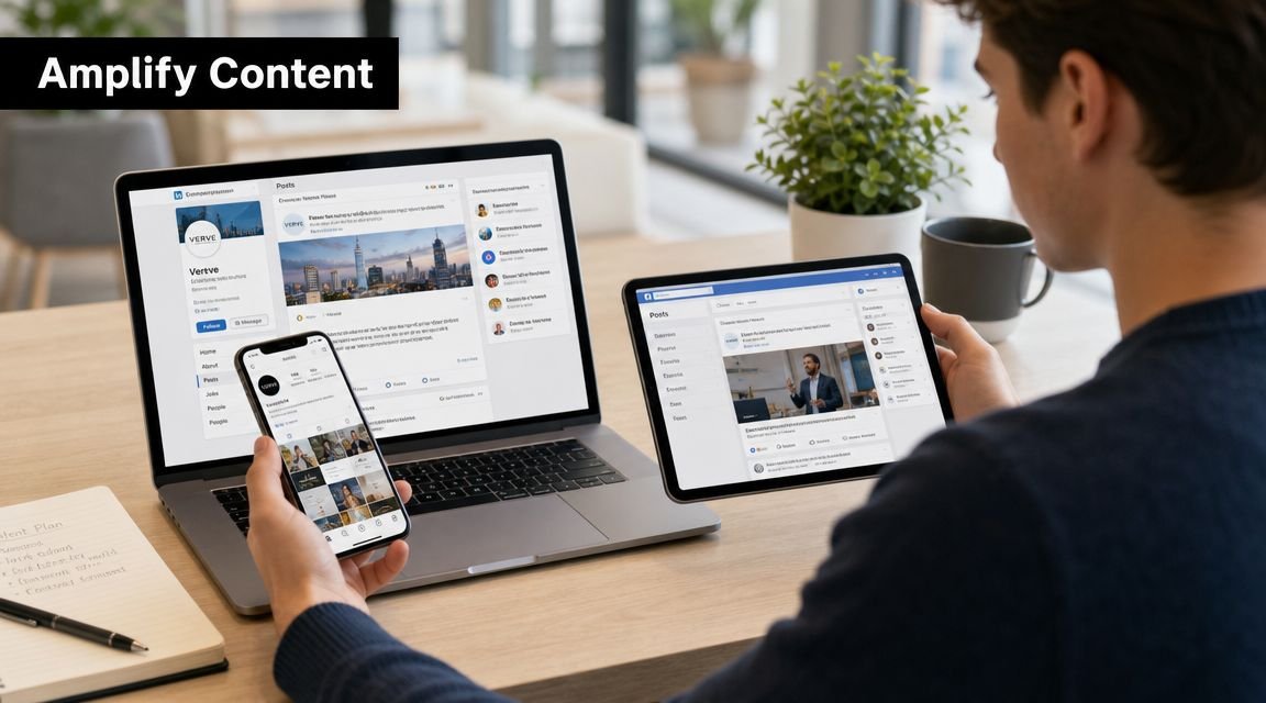 A person using a smartphone, laptop, and tablet to manage content across various social media platforms simultaneously.