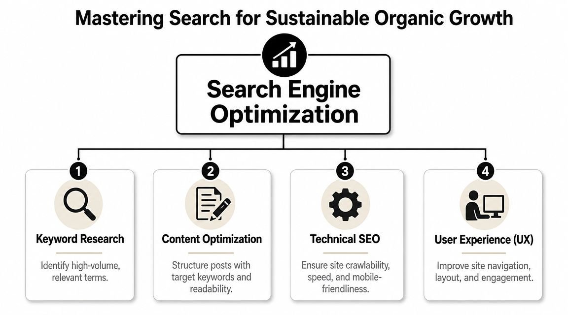 A diagram outlining the four core pillars of search engine optimization for sustainable organic blog growth.