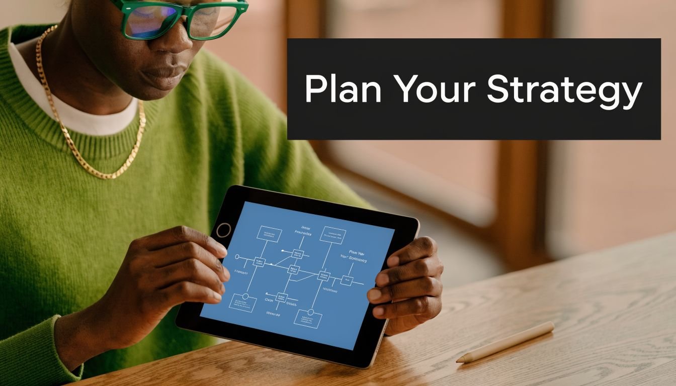 A person holding a tablet displaying a flow chart while planning a social media strategy.
