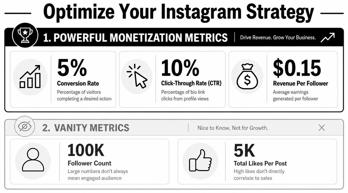 A comparison infographic showing powerful monetization metrics versus vanity metrics for optimizing an Instagram strategy.