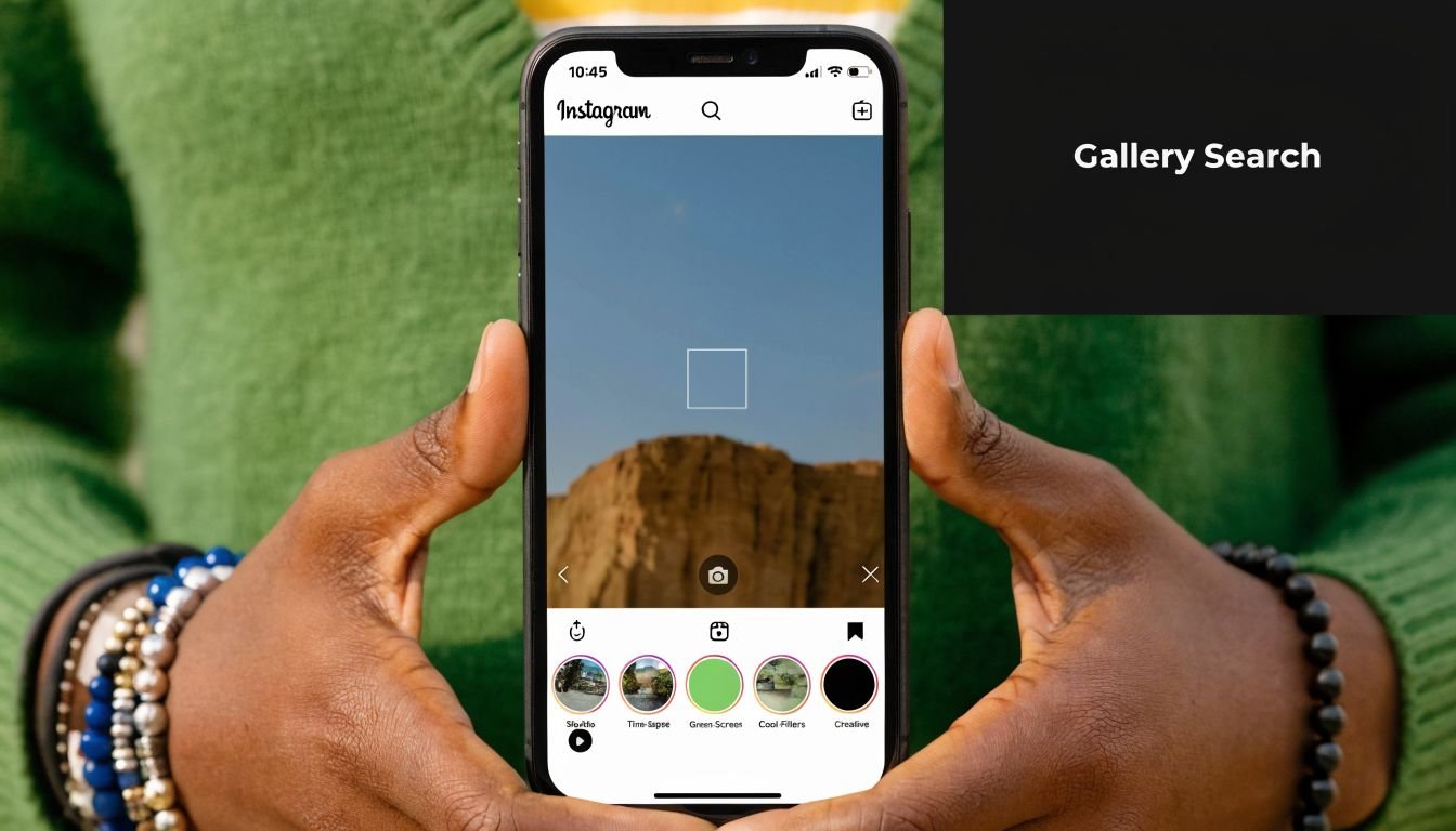 A person holding a smartphone displaying the Instagram app with an effect search interface visible.