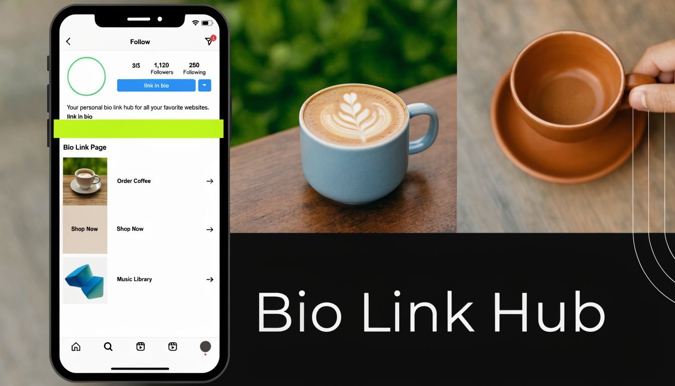 A smartphone screen displaying a bio link page for an Instagram profile with coffee and music links.