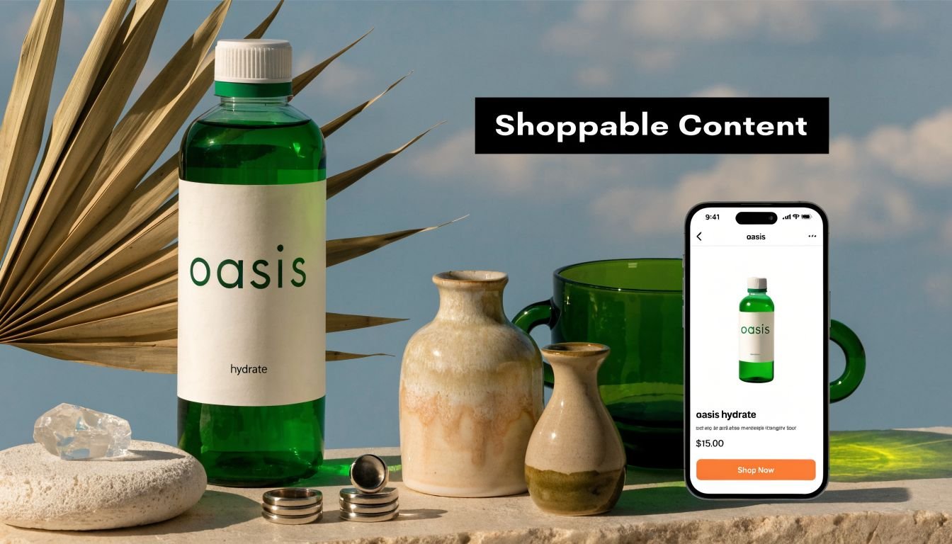 A glass bottle of Oasis hydrate water next to decorative objects and a smartphone displaying product details.