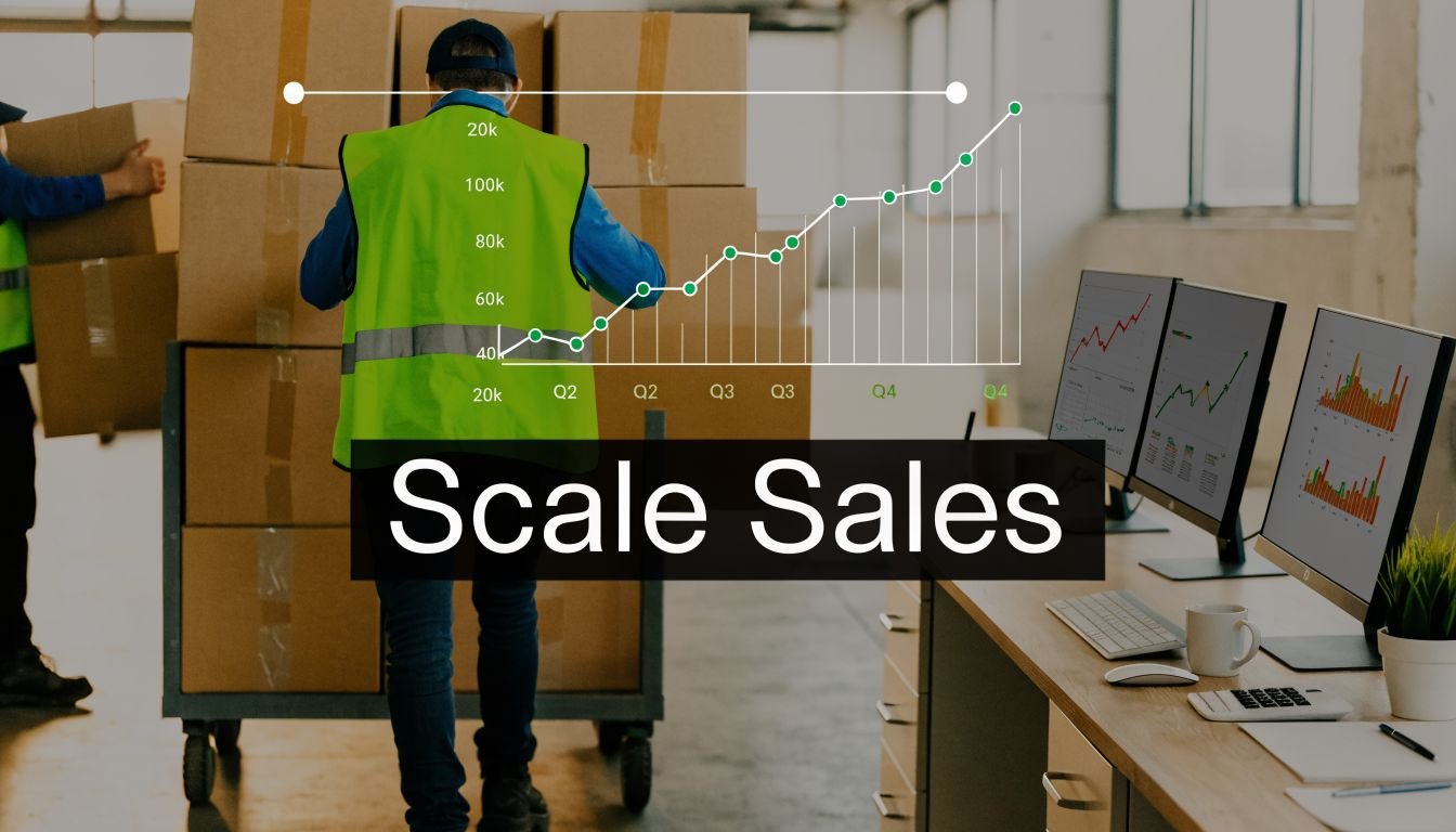 A warehouse worker pulling a trolley loaded with boxes next to monitors showing sales growth charts.