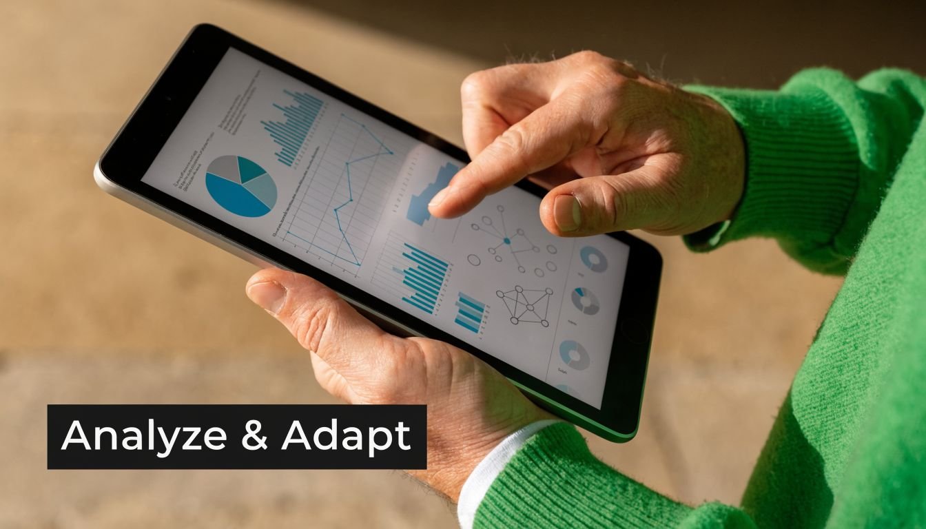 A person in a green sweater uses a tablet to analyze various charts and data visualizations.