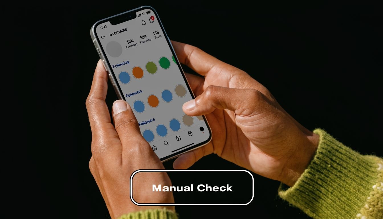 A close-up view of hands holding a smartphone displaying an Instagram profile screen with a manual check button.