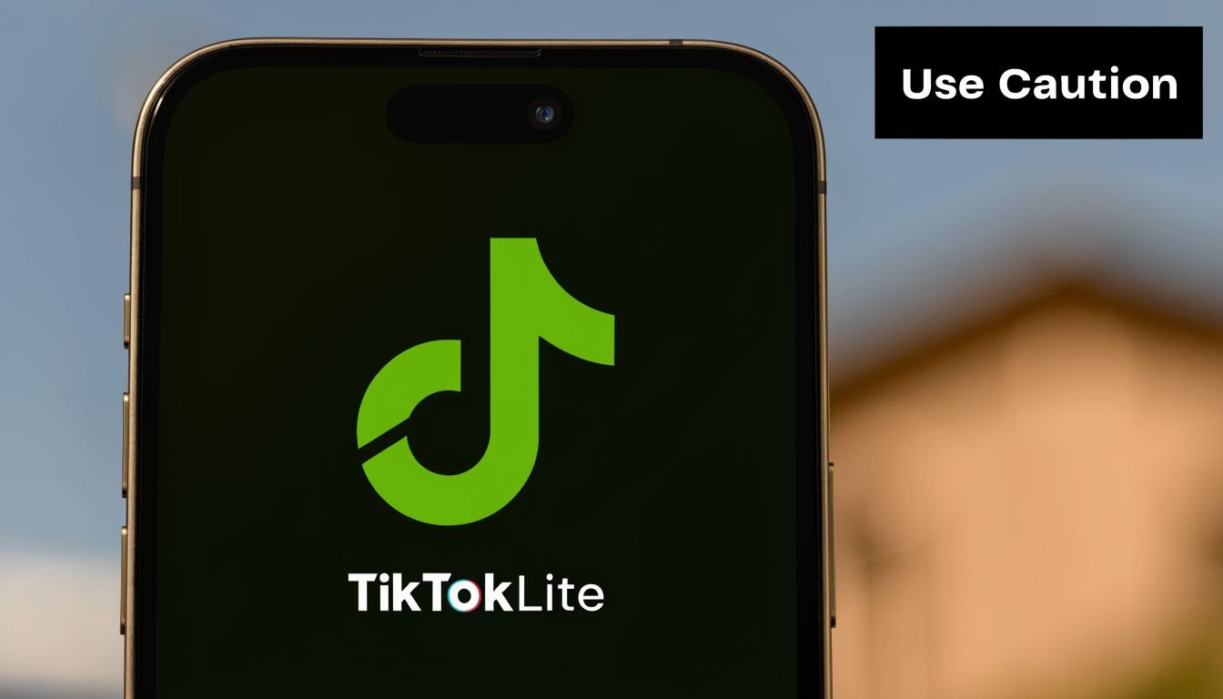 A close-up of a smartphone screen displaying the TikTok Lite logo on a black background.