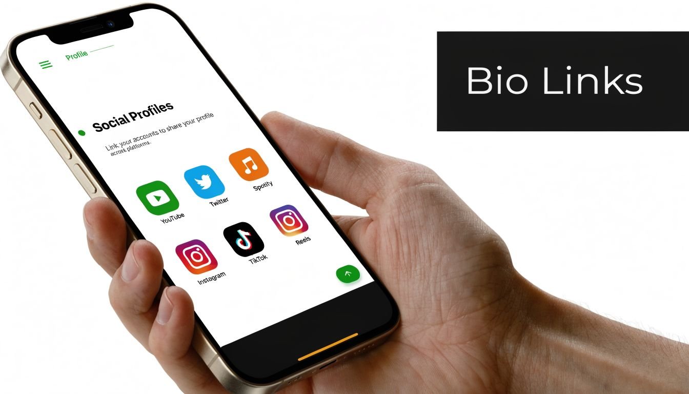 A hand holding a smartphone displaying a social media link management app with various platform icons.