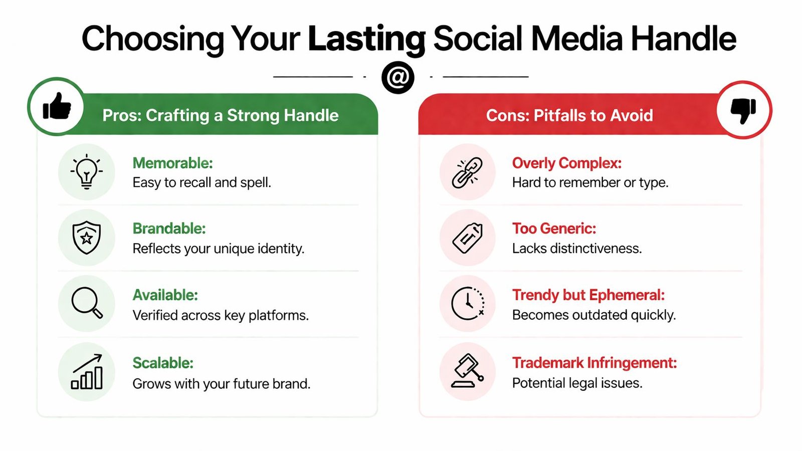 An infographic titled Choosing Your Lasting Social Media Handle outlining pros and cons for branding strategy.