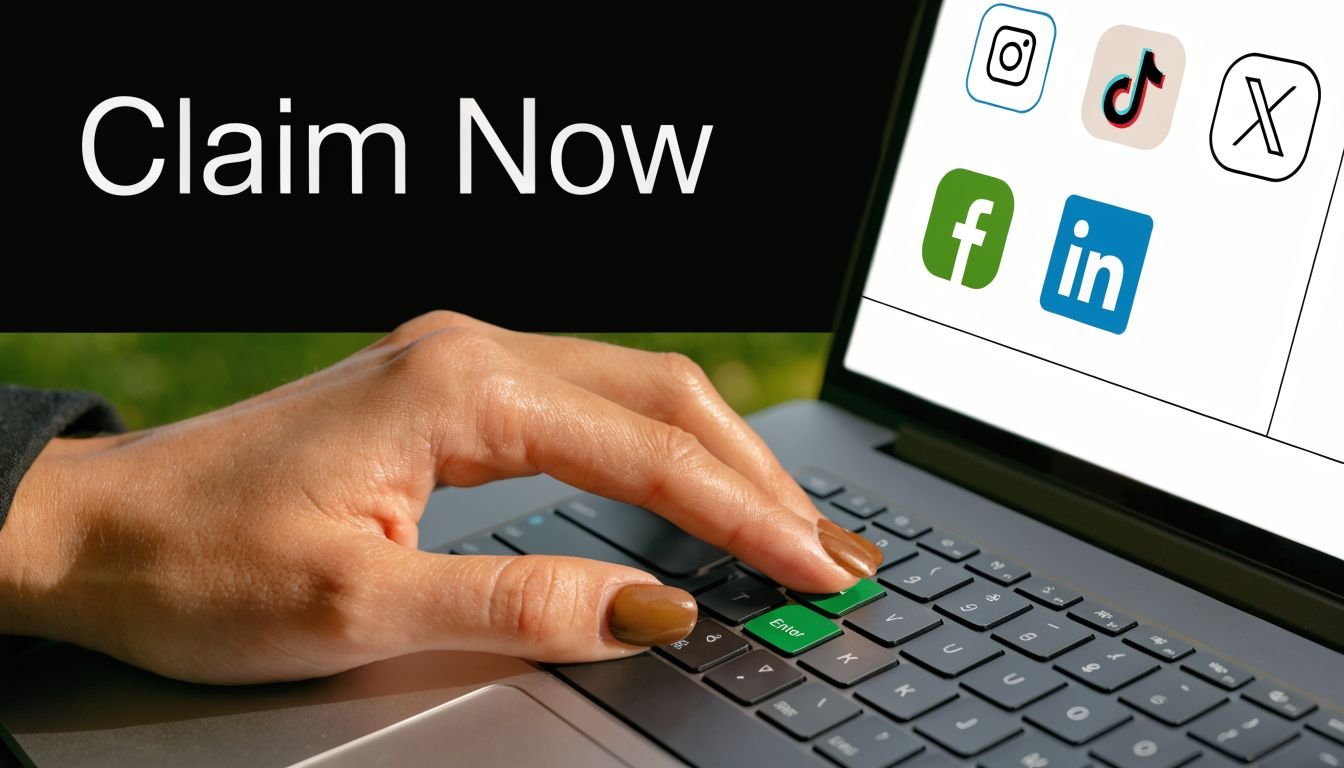A close-up shot of a hand pressing the enter key on a laptop displaying social media icons.