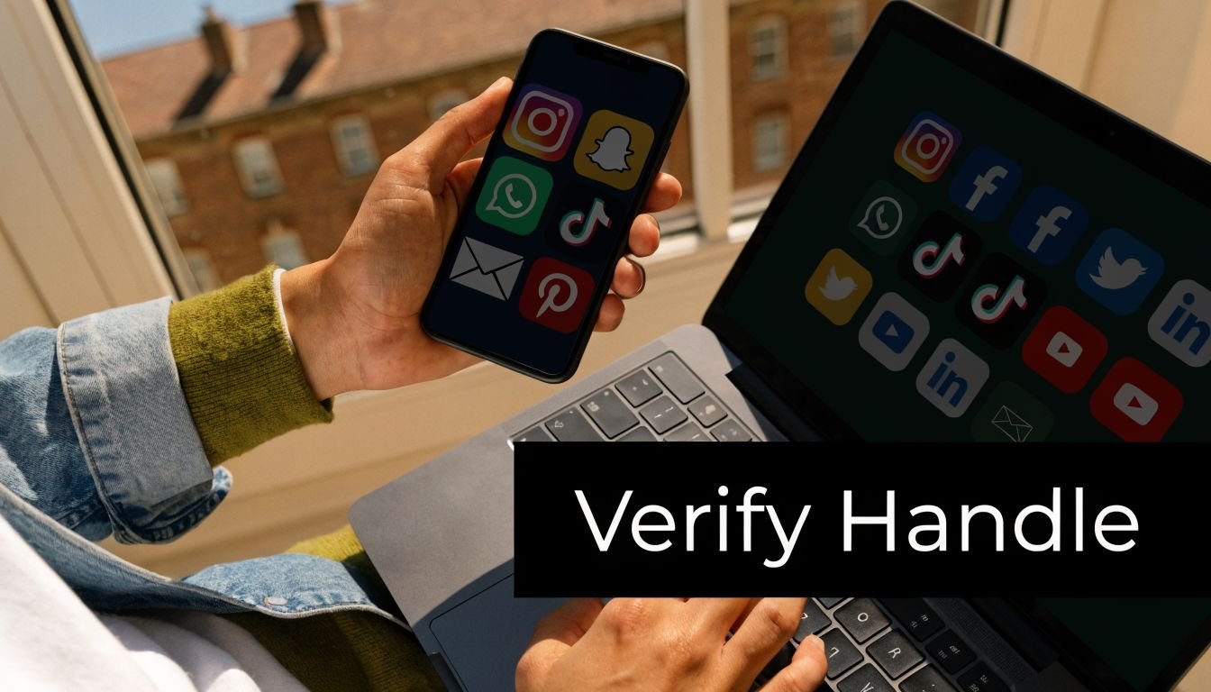 A person using a smartphone and laptop displaying various popular social media app icons for verification.