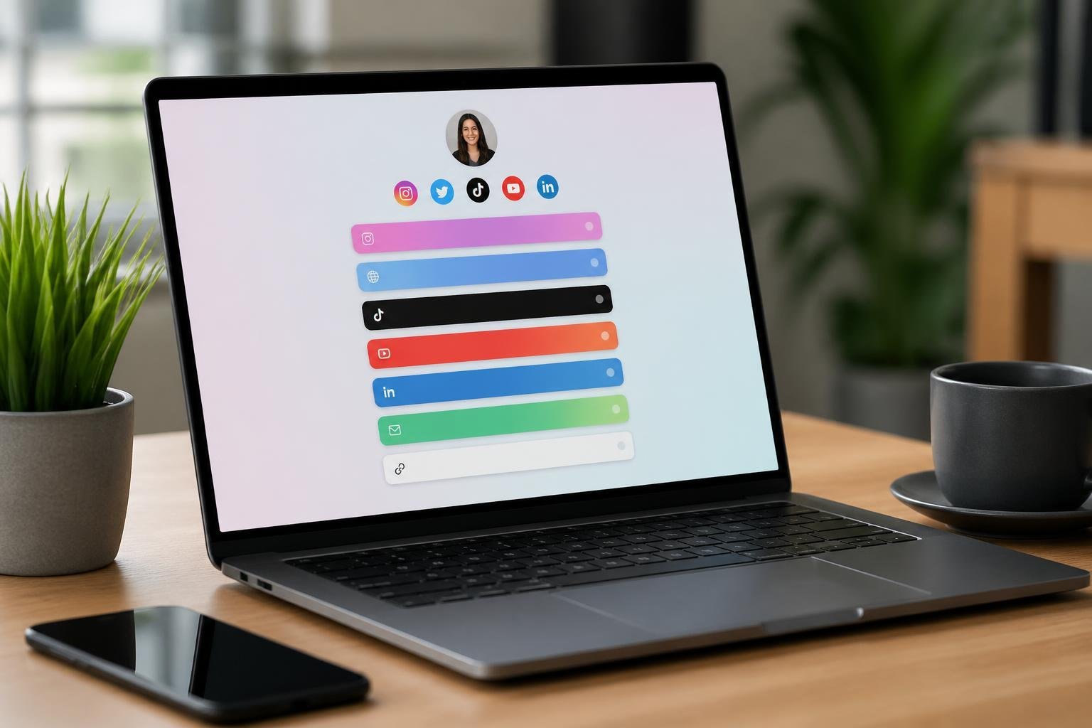 A laptop on a desk showing a colorful digital interface with link buttons, surrounded by a smartphone, coffee cup, and a small plant.