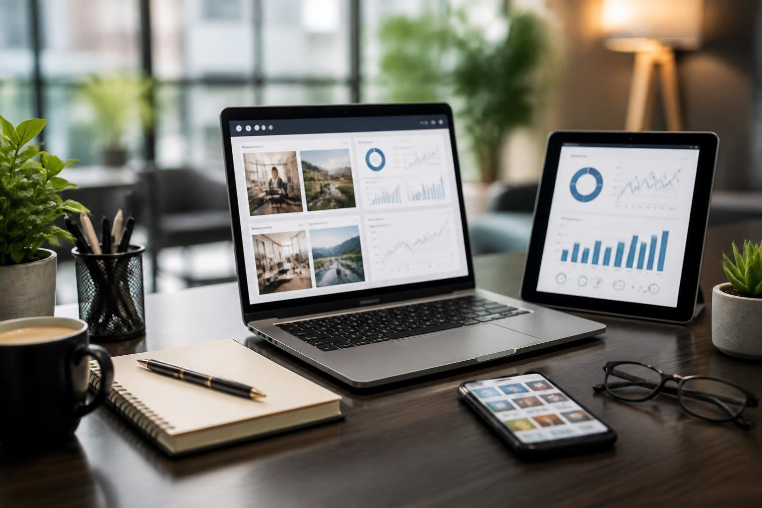 A workspace with a laptop, smartphone, and tablet displaying social media and analytics tools on a desk with office accessories.