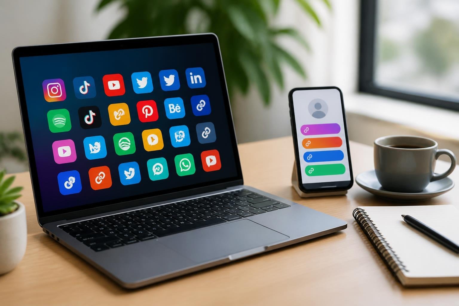 A workspace with a laptop and smartphone showing app icons and link buttons on their screens, alongside a notebook and coffee cup on a desk.