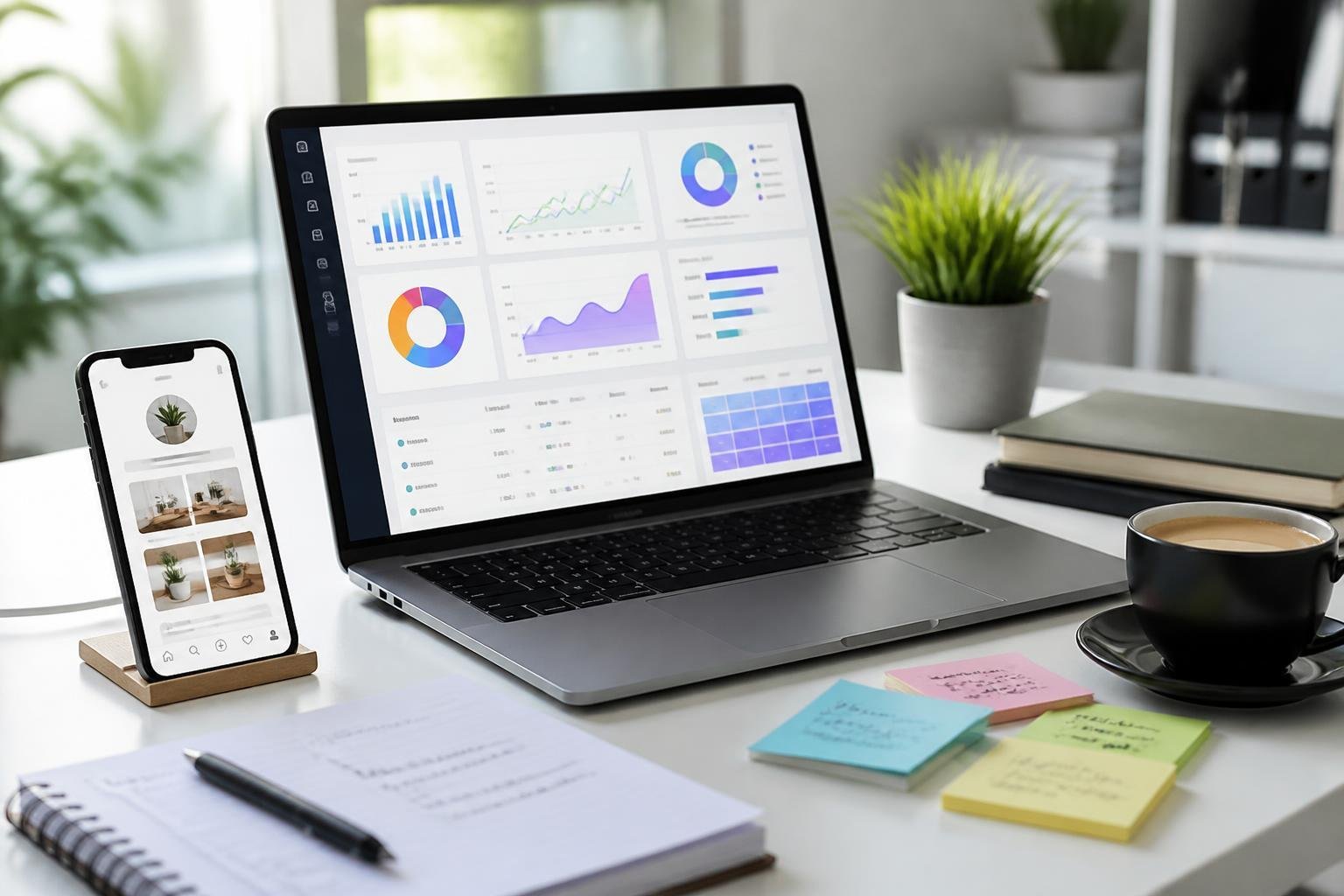 A workspace with a laptop showing colorful analytics dashboards, a smartphone displaying a social media profile, notes, and a coffee cup on a desk.