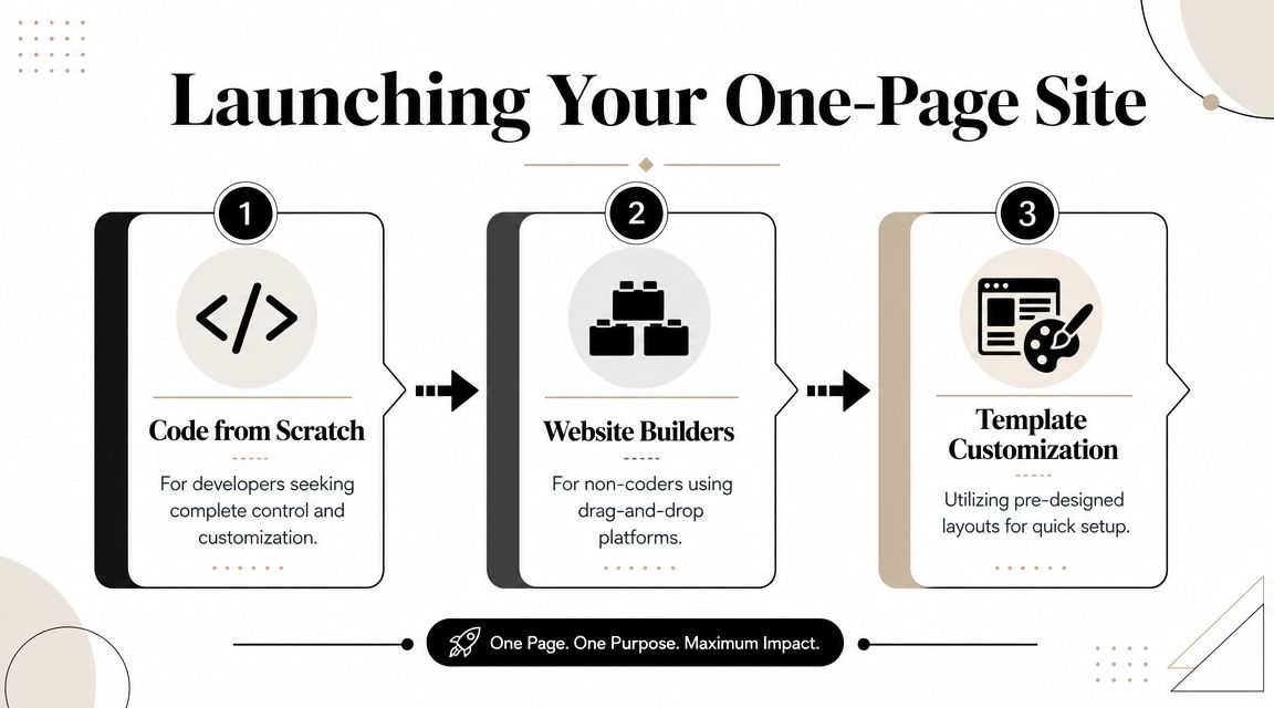 A diagram outlining three methods for creating a one-page website: coding, using builders, or template customization.