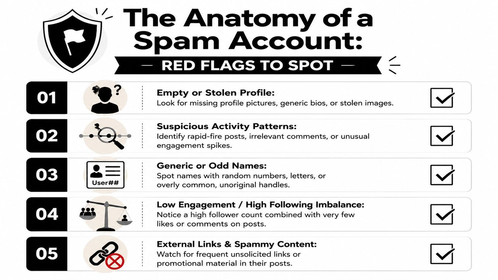 An infographic detailing five key red flags to identify a potential spam account on social media.