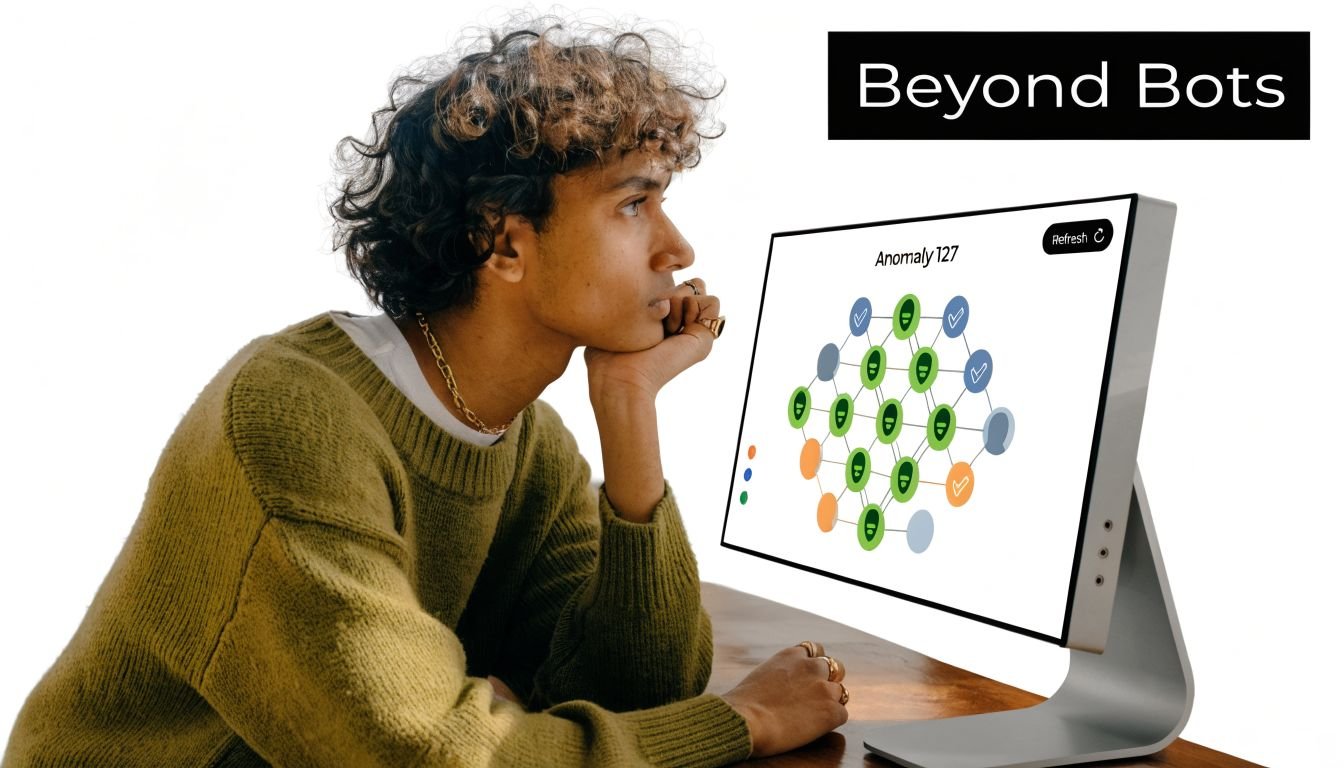 A young man sits at a desk looking at a monitor displaying a digital network graph.