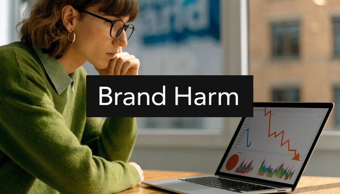 A person looking concerned while viewing a declining performance graph on their laptop screen labeled Brand Harm.