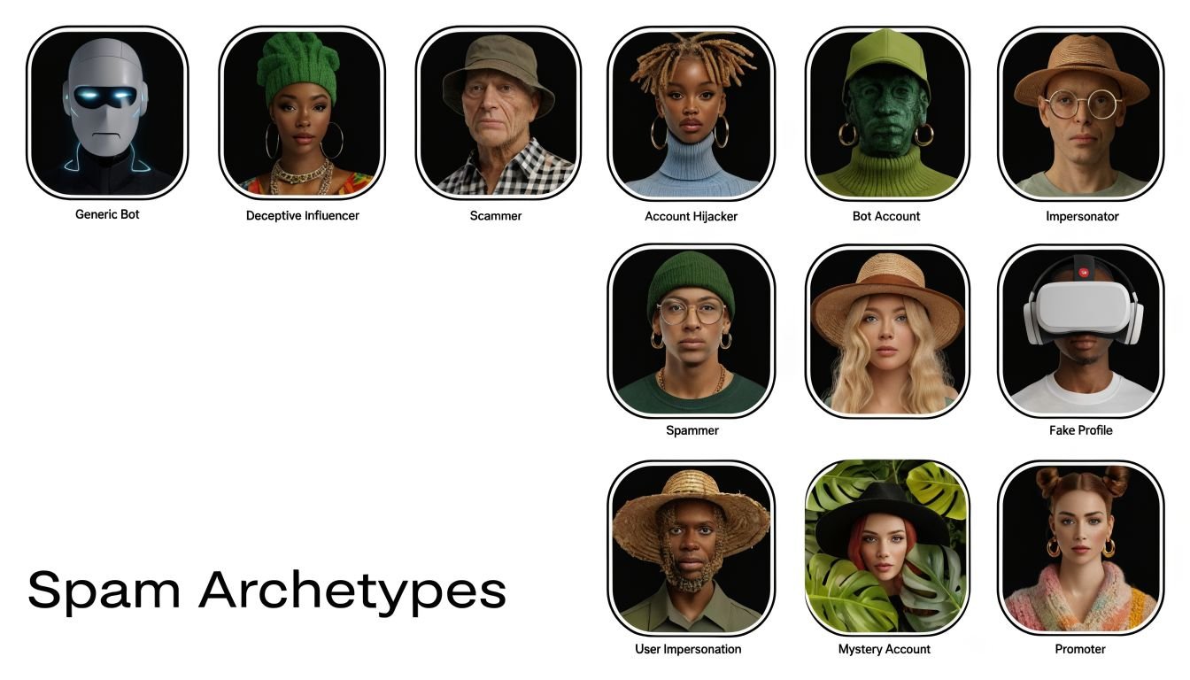 A grid display of twelve unique portrait illustrations illustrating various social media spam account archetypes with labels.
