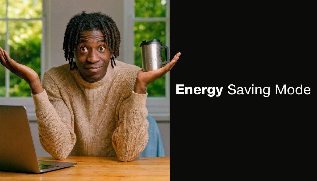 A man with dreadlocks wearing a beige sweater shrugs while holding a coffee mug near his laptop.