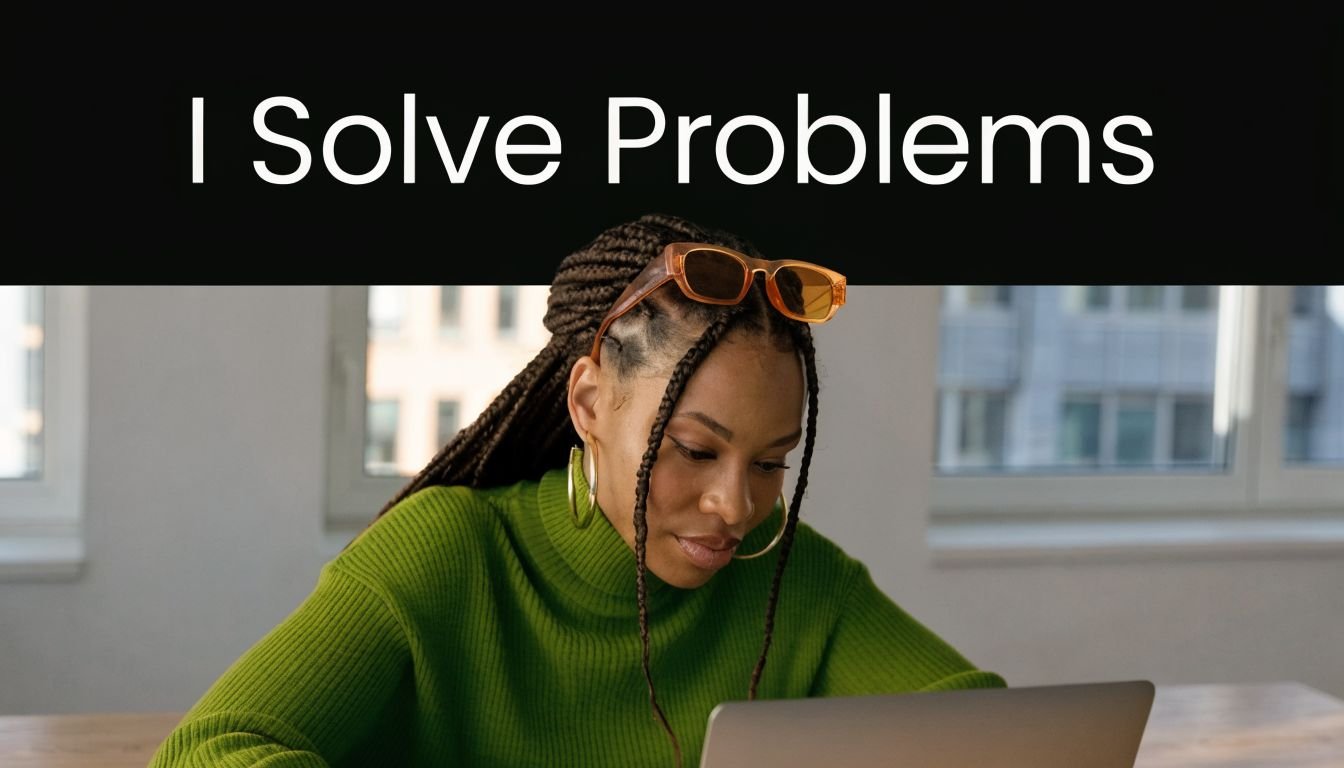 A woman with braids wearing a green turtleneck and orange sunglasses typing on a laptop computer.