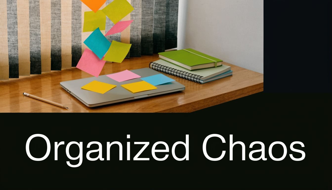A wooden desk featuring a laptop covered in colorful sticky notes with the text Organized Chaos below.
